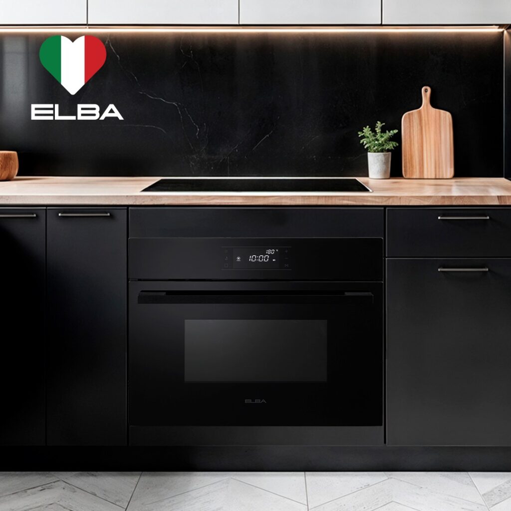 Modern kitchen with built-in microwave, sleek black cabinetry, induction cooktop, and minimalist design.